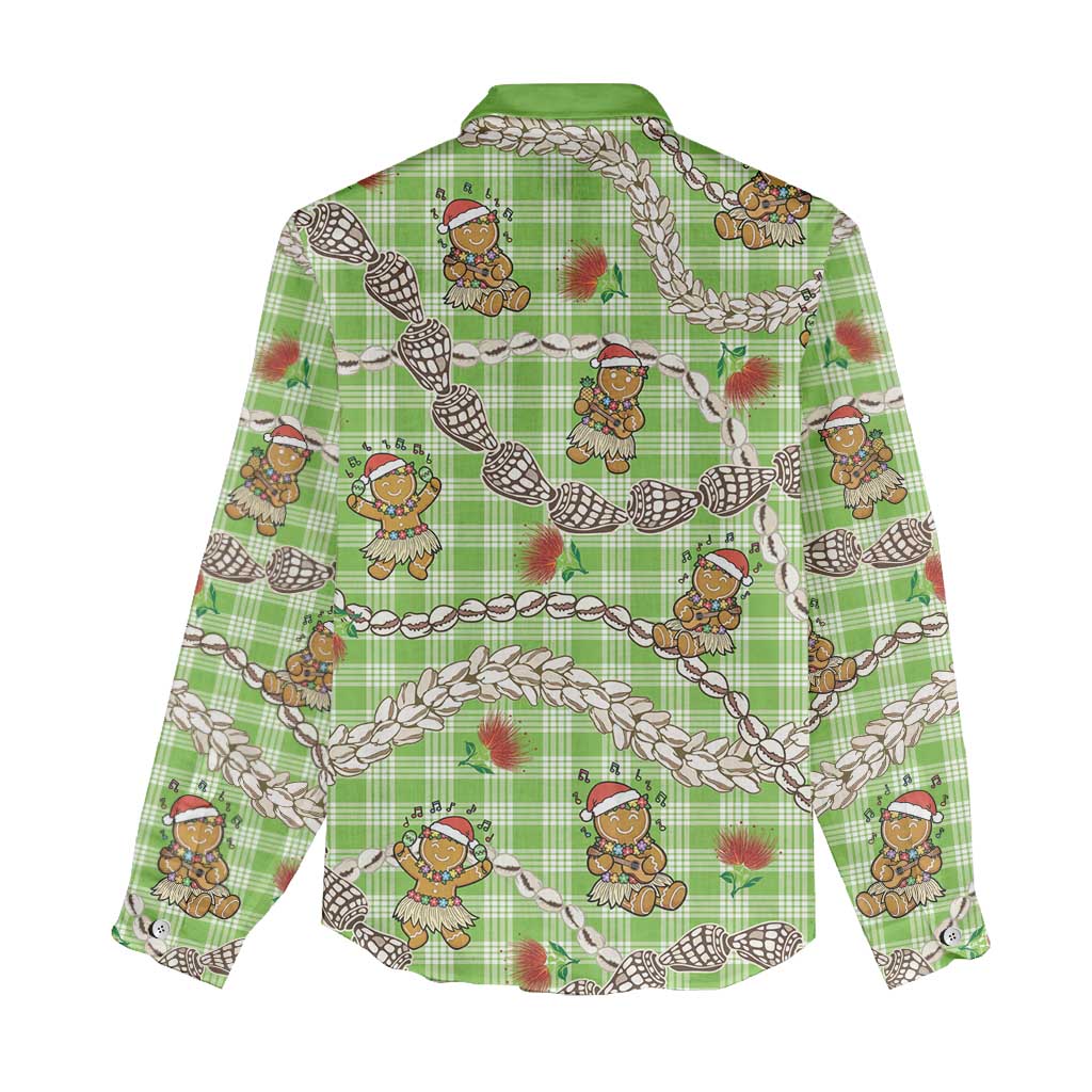 Green Palaka Hawaii Mele Kalikimaka Women Casual Shirt Ohia Lehua Shell Leis Funny Gingerbread Santa - Polynesian Pride