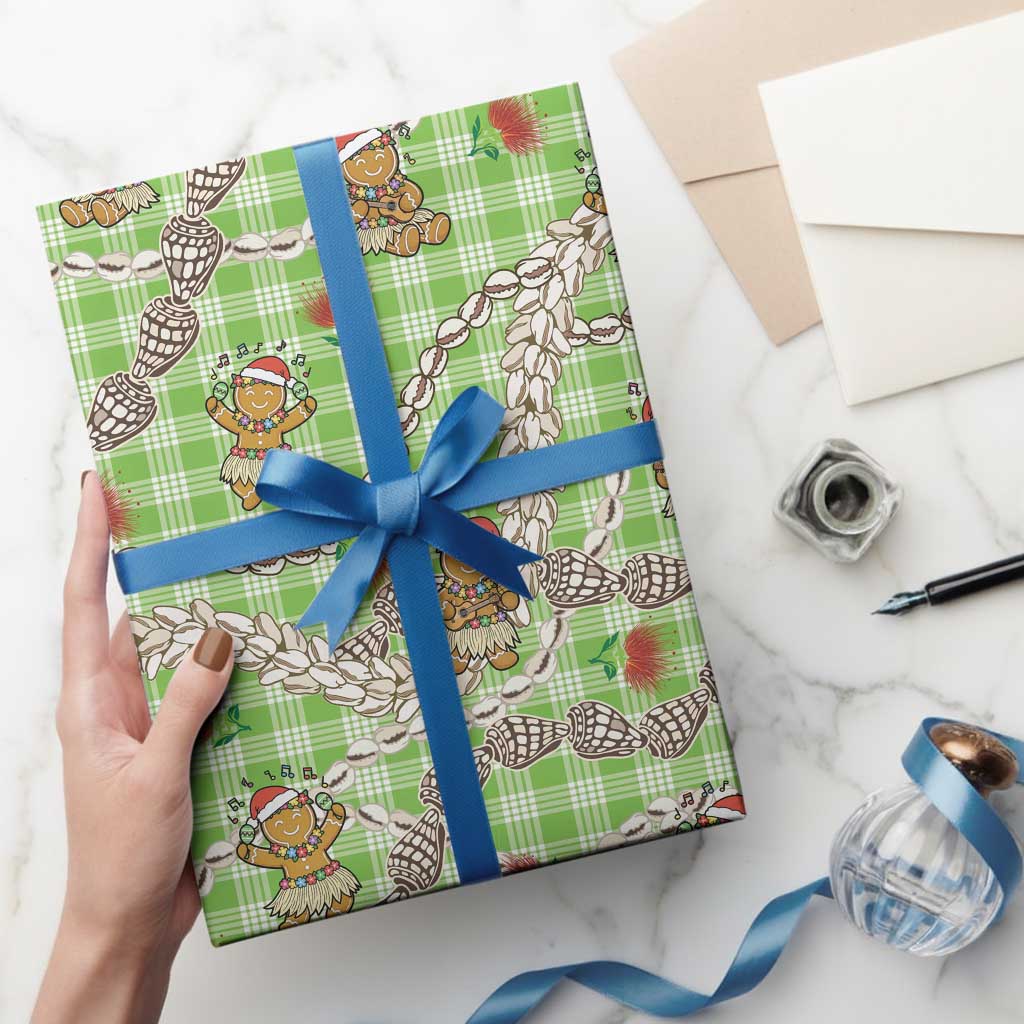 Green Palaka Hawaii Mele Kalikimaka Wrapping Paper Ohia Lehua Shell Leis Funny Gingerbread Santa - Polynesian Pride