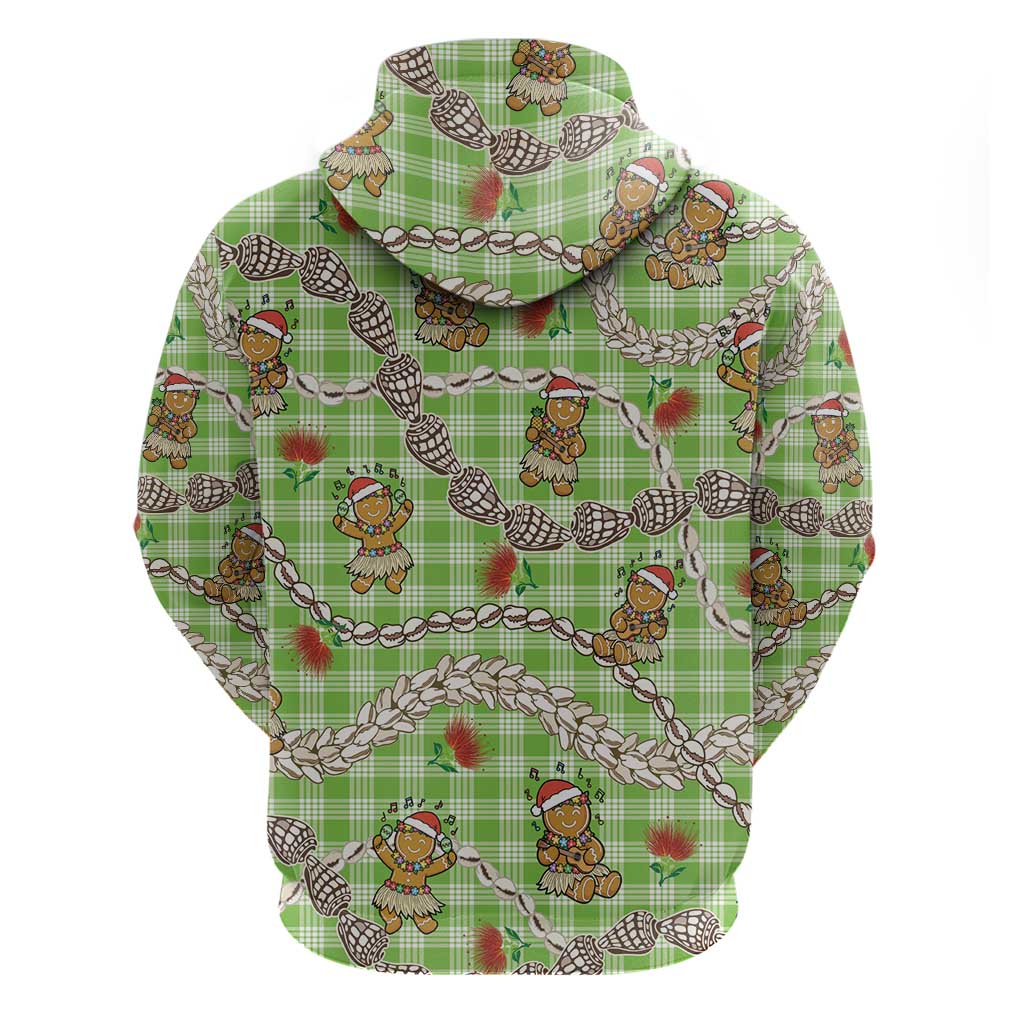 Green Palaka Hawaii Mele Kalikimaka Zip Hoodie Ohia Lehua Shell Leis Funny Gingerbread Santa - Polynesian Pride