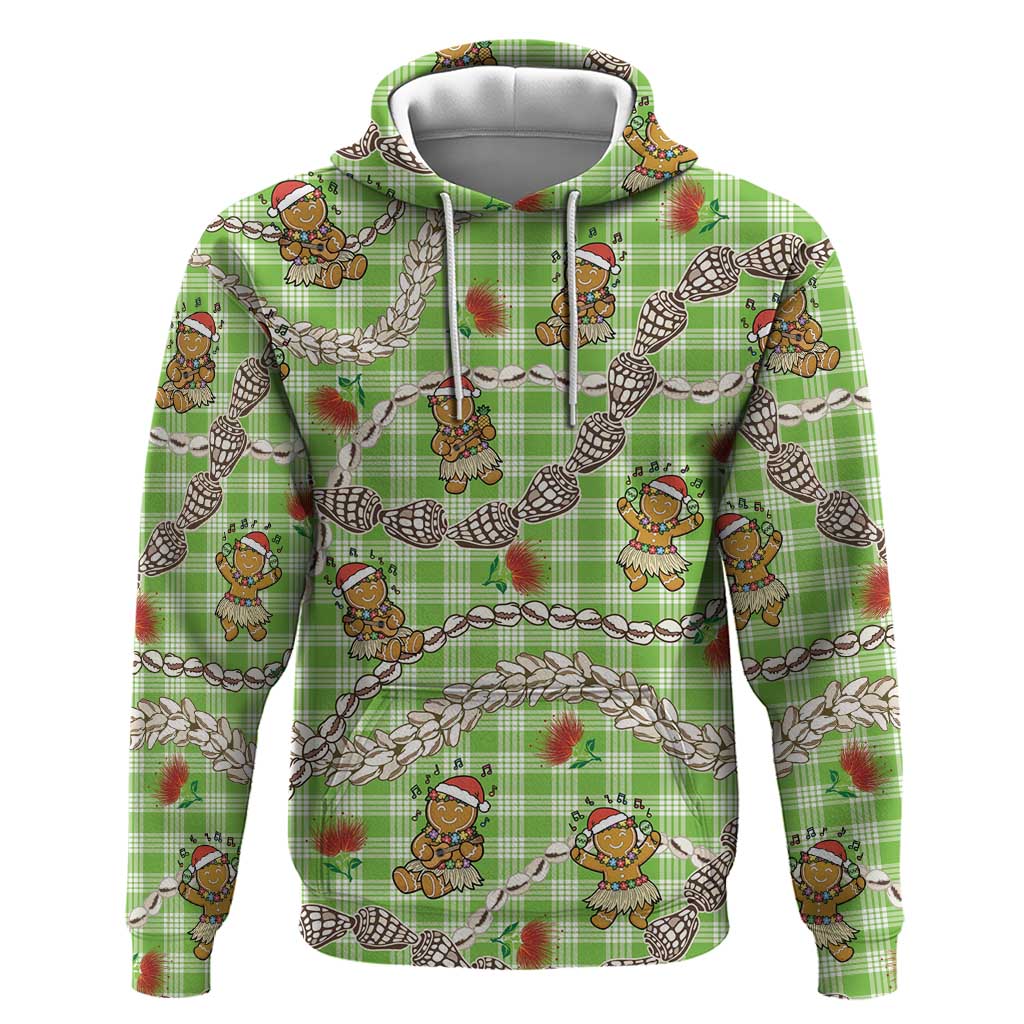 Green Palaka Hawaii Mele Kalikimaka Zip Hoodie Ohia Lehua Shell Leis Funny Gingerbread Santa - Polynesian Pride
