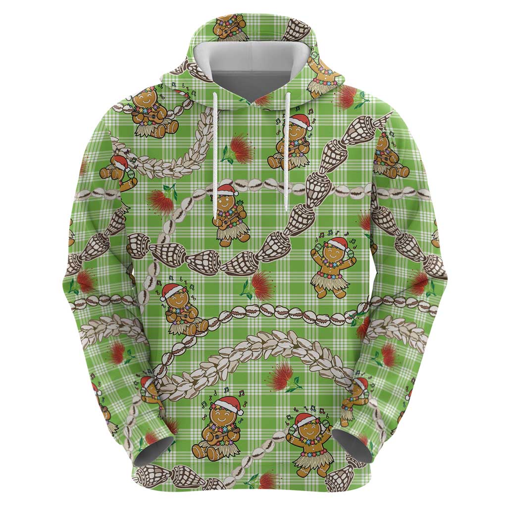 Green Palaka Hawaii Mele Kalikimaka Zip Hoodie Ohia Lehua Shell Leis Funny Gingerbread Santa - Polynesian Pride