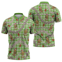 Green Palaka Hawaii Mele Kalikimaka Zipper Polo Shirt Ohia Lehua Shell Leis Funny Gingerbread Santa - Polynesian Pride