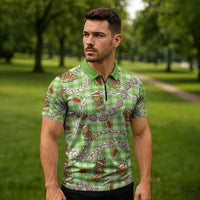 Green Palaka Hawaii Mele Kalikimaka Zipper Polo Shirt Ohia Lehua Shell Leis Funny Gingerbread Santa - Polynesian Pride