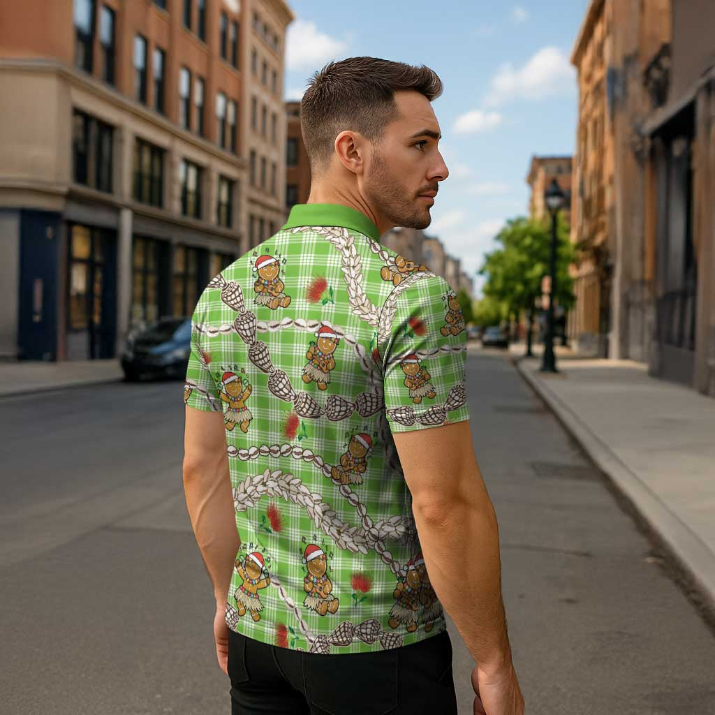 Green Palaka Hawaii Mele Kalikimaka Zipper Polo Shirt Ohia Lehua Shell Leis Funny Gingerbread Santa - Polynesian Pride