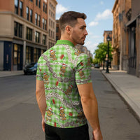 Green Palaka Hawaii Mele Kalikimaka Zipper Polo Shirt Ohia Lehua Shell Leis Funny Gingerbread Santa - Polynesian Pride