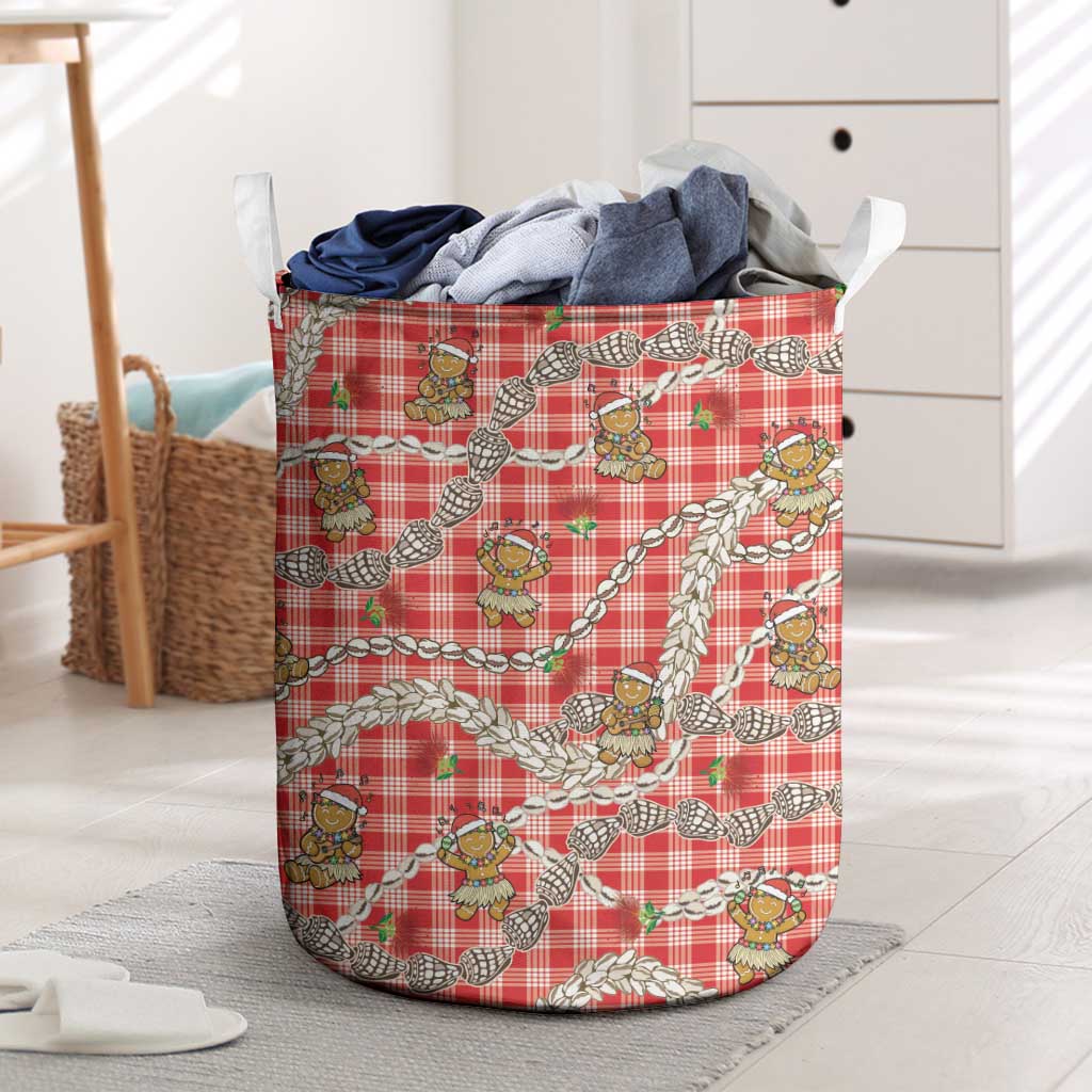 Red Palaka Hawaii Mele Kalikimaka Laundry Basket Ohia Lehua Shell Leis Funny Gingerbread Santa - Polynesian Pride