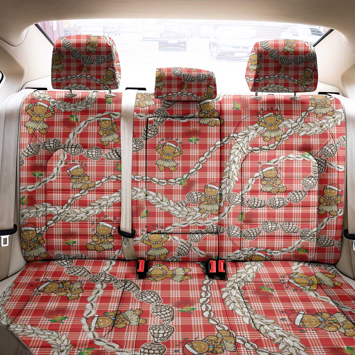 Red Palaka Hawaii Mele Kalikimaka Back Car Seat Cover Ohia Lehua Shell Leis Funny Gingerbread Santa - Polynesian Pride