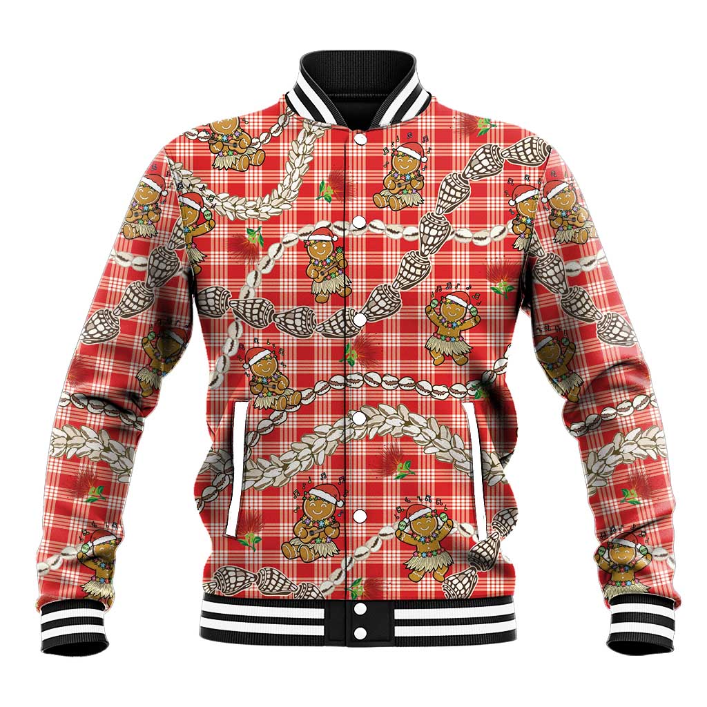 Red Palaka Hawaii Mele Kalikimaka Baseball Jacket Ohia Lehua Shell Leis Funny Gingerbread Santa - Polynesian Pride