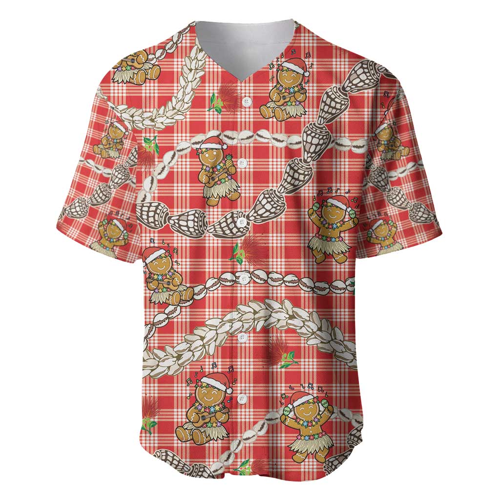 Red Palaka Hawaii Mele Kalikimaka Baseball Jersey Ohia Lehua Shell Leis Funny Gingerbread Santa - Polynesian Pride