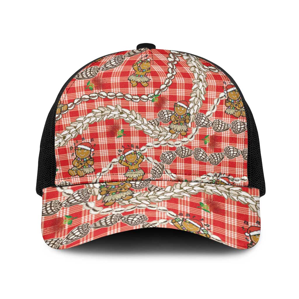 Red Palaka Hawaii Mele Kalikimaka Baseball Net Cap Ohia Lehua Shell Leis Funny Gingerbread Santa - Polynesian Pride