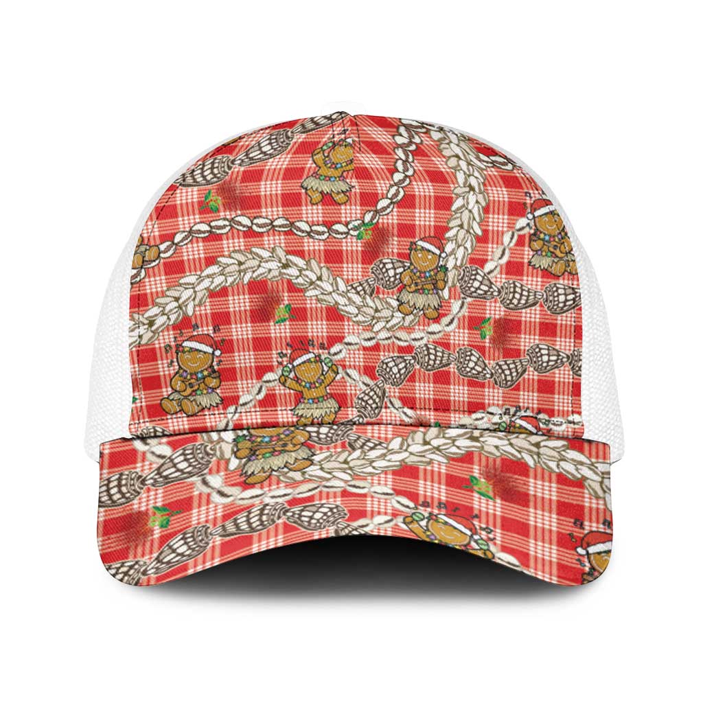 Red Palaka Hawaii Mele Kalikimaka Baseball Net Cap Ohia Lehua Shell Leis Funny Gingerbread Santa - Polynesian Pride
