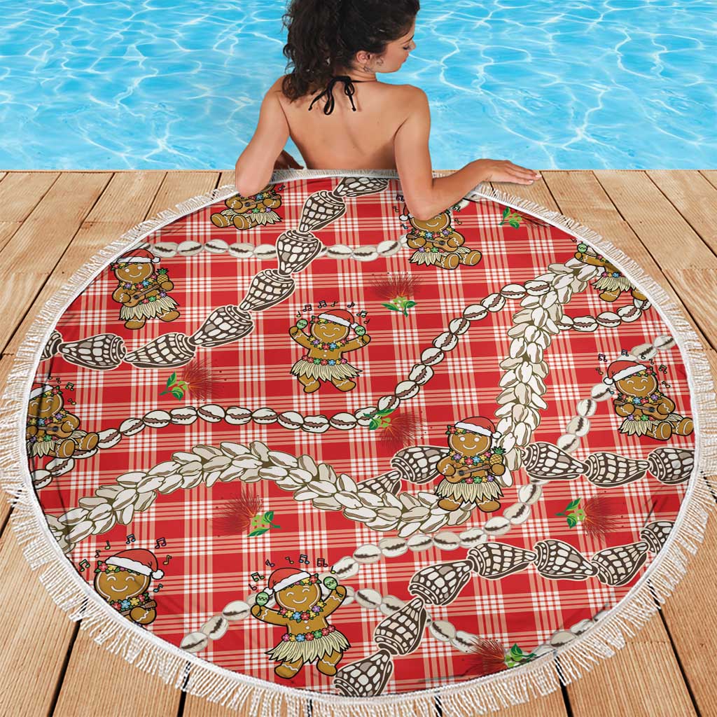 Red Palaka Hawaii Mele Kalikimaka Beach Blanket Ohia Lehua Shell Leis Funny Gingerbread Santa - Polynesian Pride
