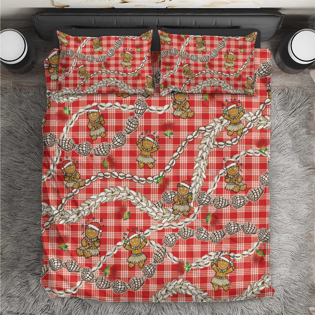 Red Palaka Hawaii Mele Kalikimaka Bedding Set Ohia Lehua Shell Leis Funny Gingerbread Santa - Polynesian Pride