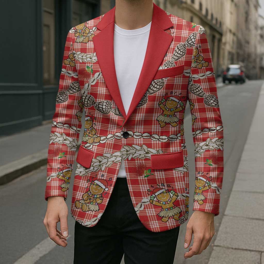 Red Palaka Hawaii Mele Kalikimaka Blazer Ohia Lehua Shell Leis Funny Gingerbread Santa - Polynesian Pride