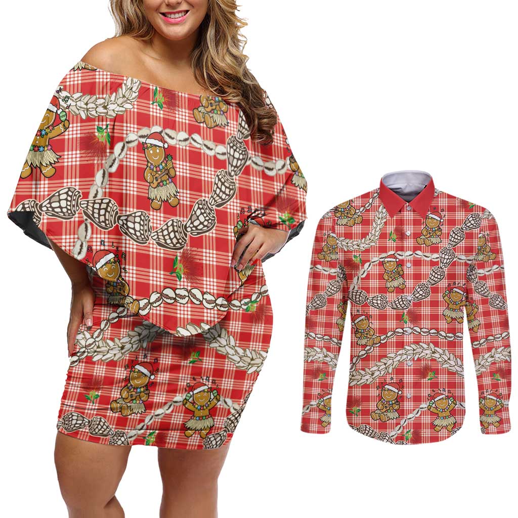 Red Palaka Hawaii Mele Kalikimaka Couples Matching Off Shoulder Short Dress and Long Sleeve Button Shirt Ohia Lehua Shell Leis Funny Gingerbread Santa - Polynesian Pride