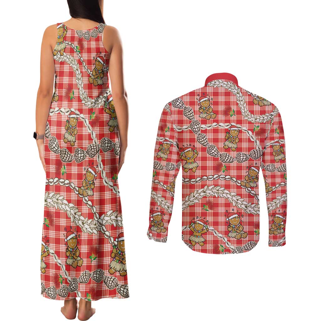 Red Palaka Hawaii Mele Kalikimaka Couples Matching Tank Maxi Dress and Long Sleeve Button Shirt Ohia Lehua Shell Leis Funny Gingerbread Santa - Polynesian Pride