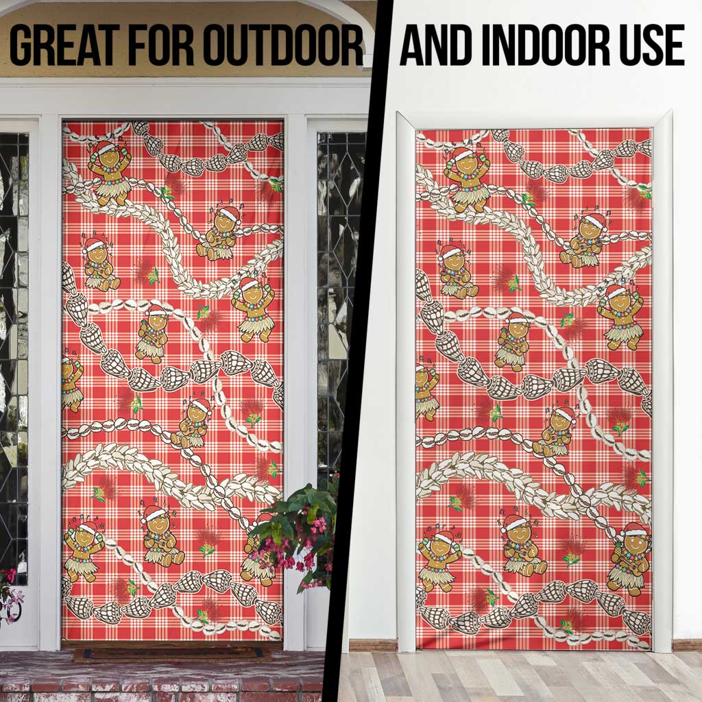 Red Palaka Hawaii Mele Kalikimaka Door Cover Ohia Lehua Shell Leis Funny Gingerbread Santa - Polynesian Pride