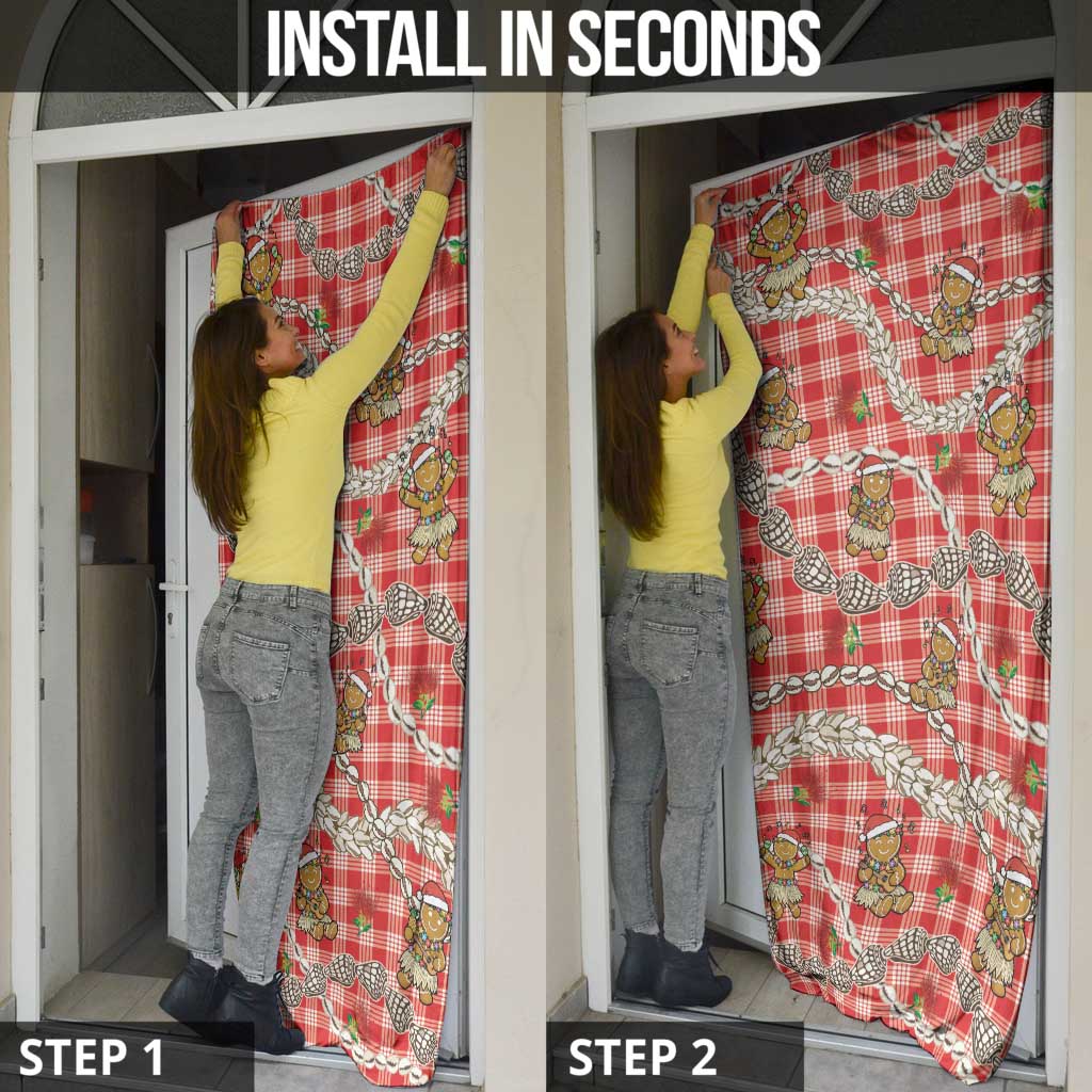 Red Palaka Hawaii Mele Kalikimaka Door Cover Ohia Lehua Shell Leis Funny Gingerbread Santa - Polynesian Pride