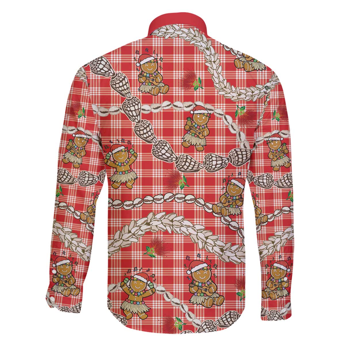 Red Palaka Hawaii Mele Kalikimaka Family Matching Off The Shoulder Long Sleeve Dress and Hawaiian Shirt Ohia Lehua Shell Leis Funny Gingerbread Santa - Polynesian Pride