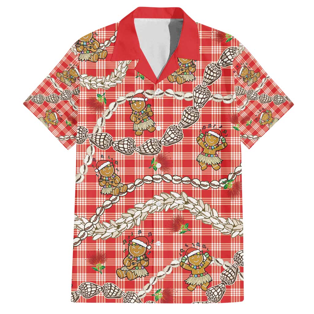 Red Palaka Hawaii Mele Kalikimaka Family Matching Off Shoulder Short Dress and Hawaiian Shirt Ohia Lehua Shell Leis Funny Gingerbread Santa - Polynesian Pride