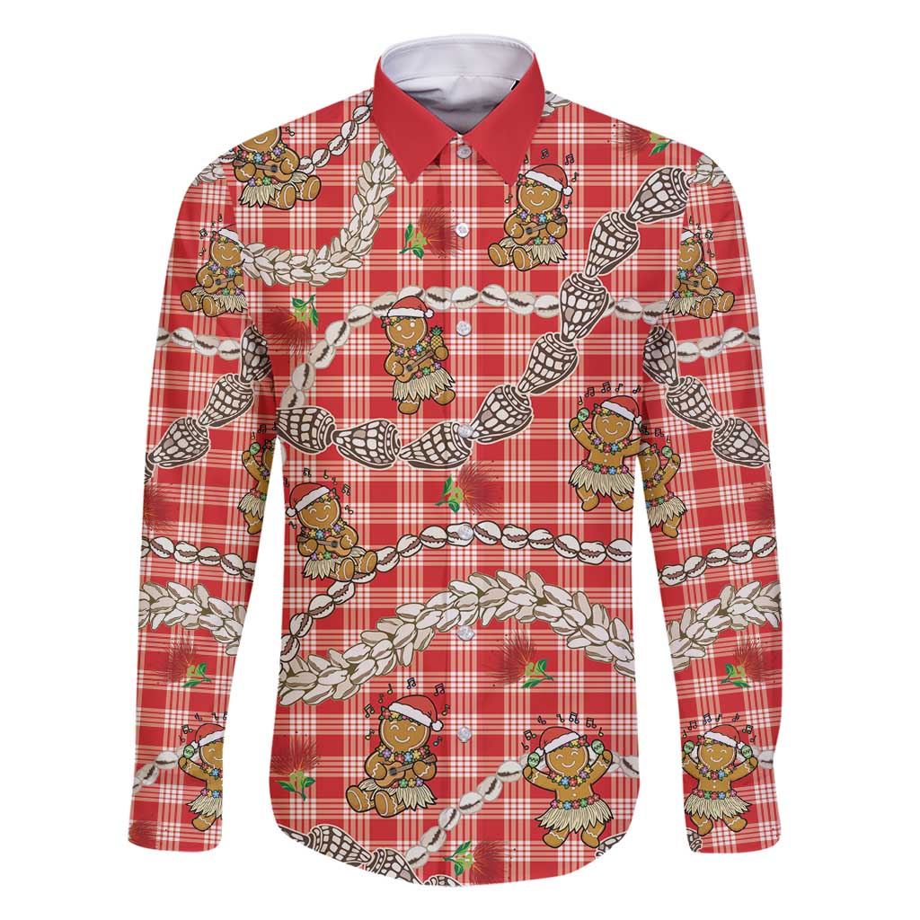 Red Palaka Hawaii Mele Kalikimaka Family Matching Off Shoulder Short Dress and Hawaiian Shirt Ohia Lehua Shell Leis Funny Gingerbread Santa - Polynesian Pride