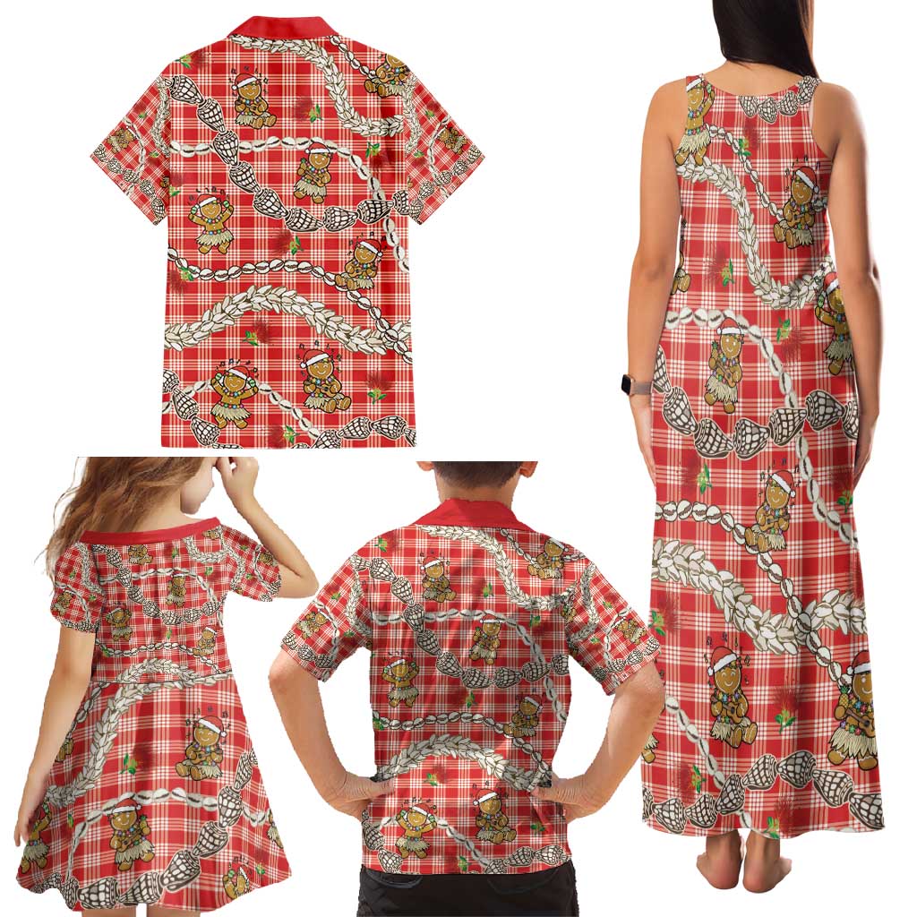 Red Palaka Hawaii Mele Kalikimaka Family Matching Tank Maxi Dress and Hawaiian Shirt Ohia Lehua Shell Leis Funny Gingerbread Santa - Polynesian Pride