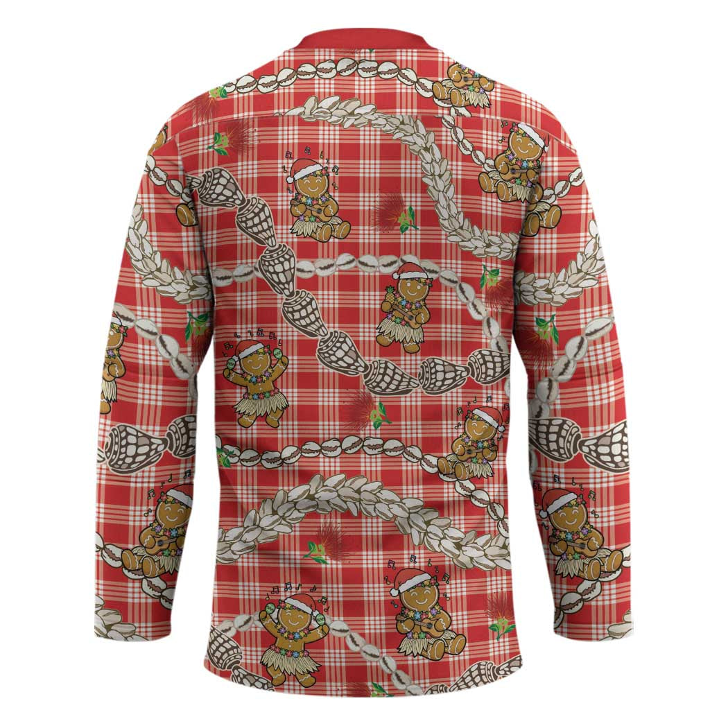 Red Palaka Hawaii Mele Kalikimaka Hockey Jersey Ohia Lehua Shell Leis Funny Gingerbread Santa - Polynesian Pride