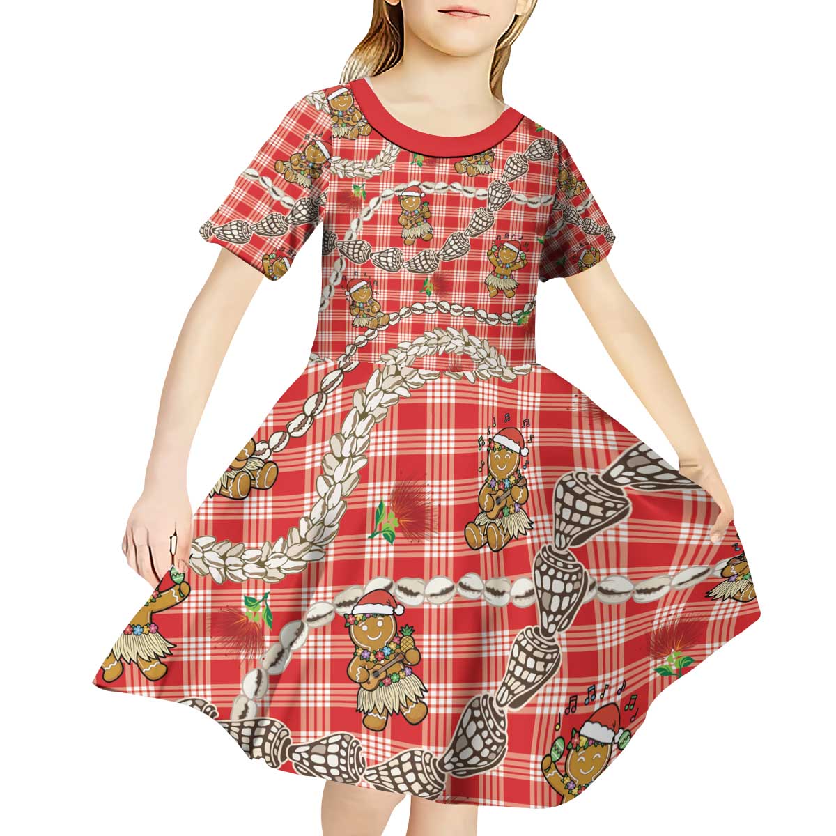 Red Palaka Hawaii Mele Kalikimaka Kid Short Sleeve Dress Ohia Lehua Shell Leis Funny Gingerbread Santa - Polynesian Pride