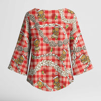 Red Palaka Hawaii Mele Kalikimaka Kimono Sleeve Blouse Ohia Lehua Shell Leis Funny Gingerbread Santa - Polynesian Pride