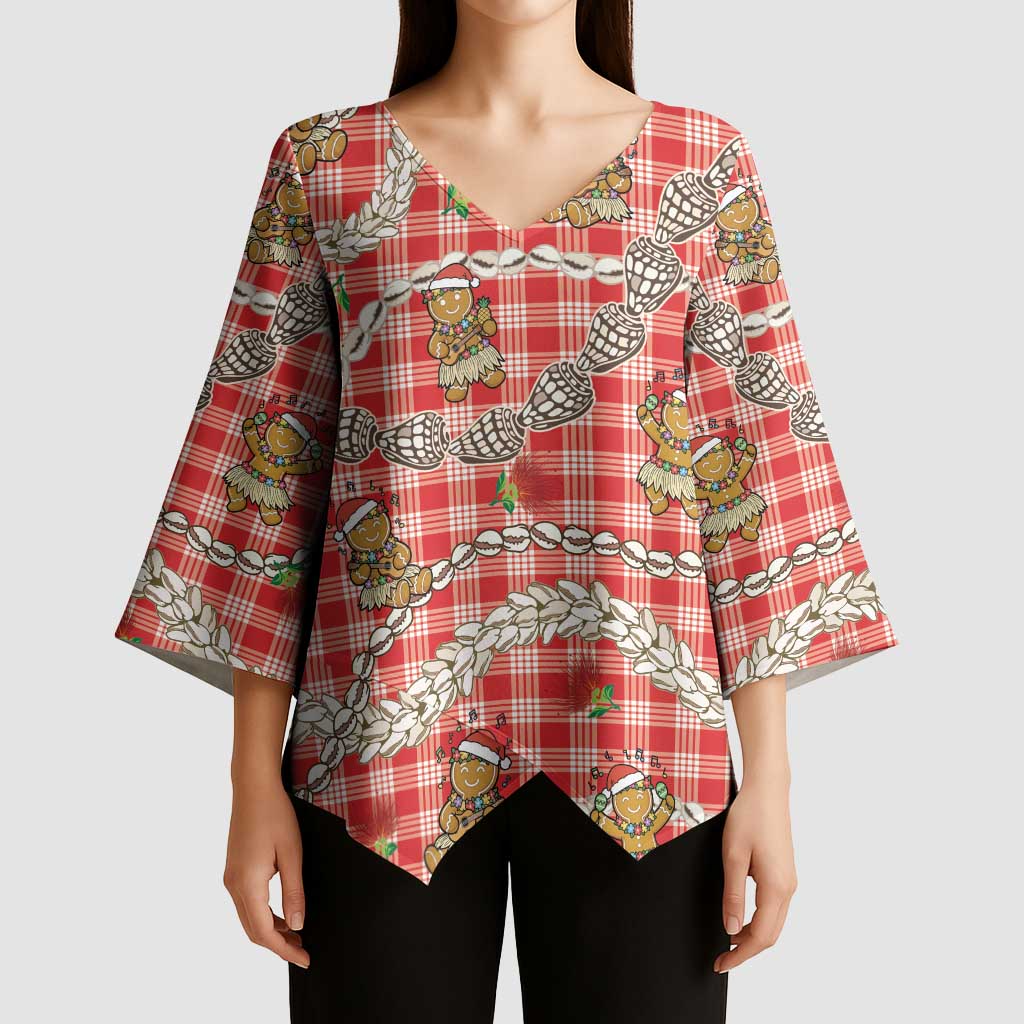 Red Palaka Hawaii Mele Kalikimaka Kimono Sleeve Blouse Ohia Lehua Shell Leis Funny Gingerbread Santa - Polynesian Pride