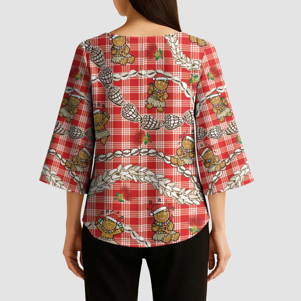 Red Palaka Hawaii Mele Kalikimaka Kimono Sleeve Blouse Ohia Lehua Shell Leis Funny Gingerbread Santa - Polynesian Pride
