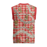 Red Palaka Hawaii Mele Kalikimaka Christmas Knitted V-Neck Vest Ohia Lehua Shell Leis Funny Gingerbread Santa - Polynesian Pride