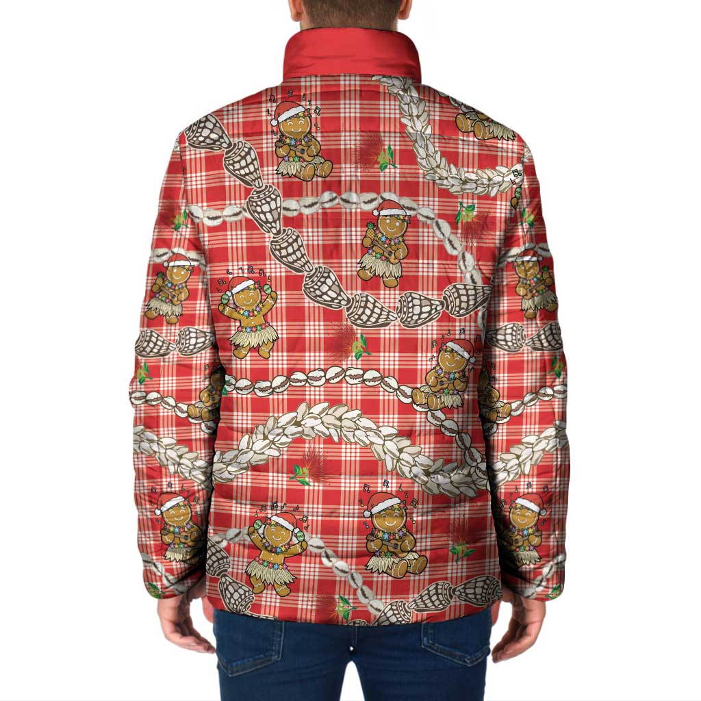 Red Palaka Hawaii Mele Kalikimaka Padded Jacket Ohia Lehua Shell Leis Funny Gingerbread Santa - Polynesian Pride