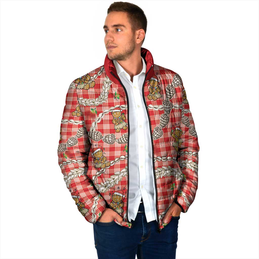 Red Palaka Hawaii Mele Kalikimaka Padded Jacket Ohia Lehua Shell Leis Funny Gingerbread Santa - Polynesian Pride