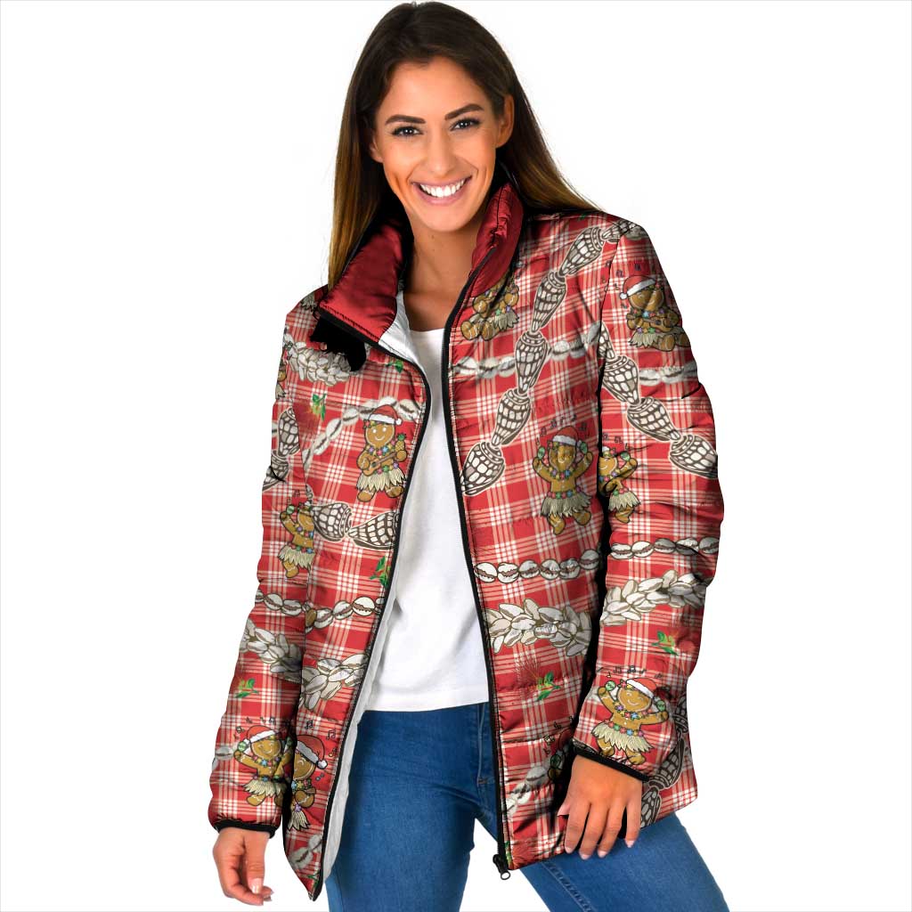 Red Palaka Hawaii Mele Kalikimaka Padded Jacket Ohia Lehua Shell Leis Funny Gingerbread Santa - Polynesian Pride