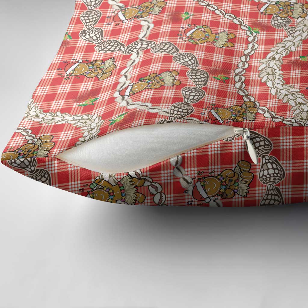 Red Palaka Hawaii Mele Kalikimaka Pillow Cover Ohia Lehua Shell Leis Funny Gingerbread Santa - Polynesian Pride