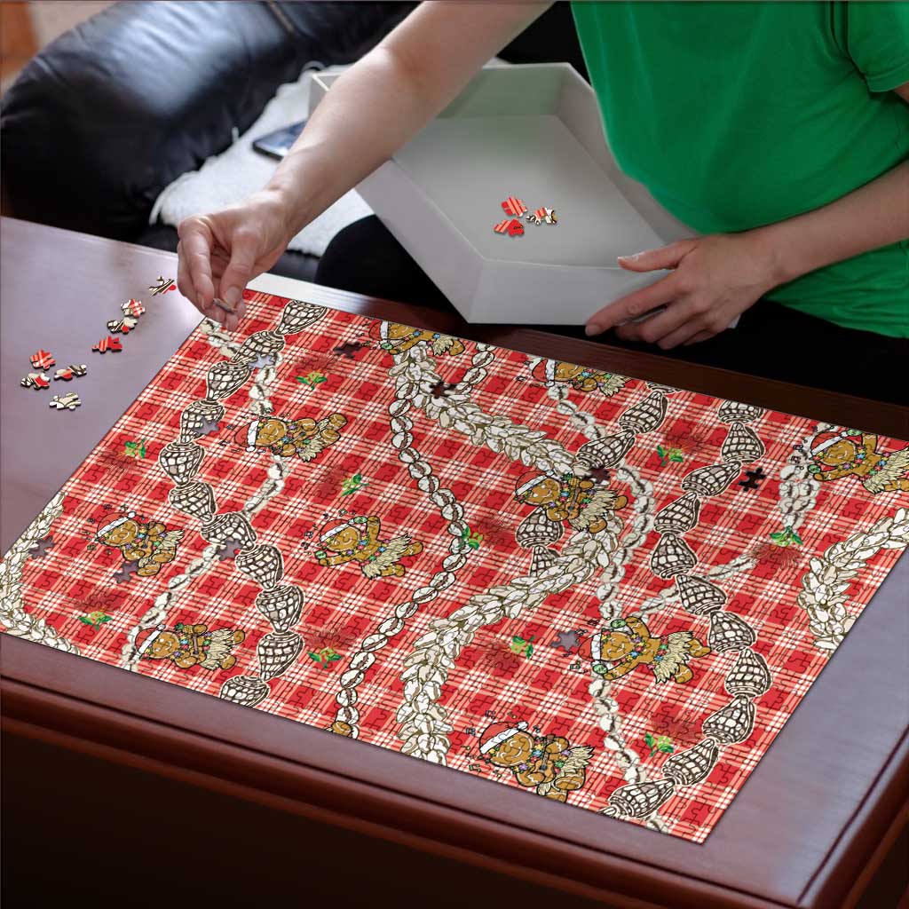 Red Palaka Hawaii Mele Kalikimaka Puzzle Ohia Lehua Shell Leis Funny Gingerbread Santa - Polynesian Pride