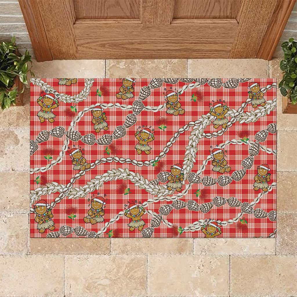 Red Palaka Hawaii Mele Kalikimaka Rubber Doormat Ohia Lehua Shell Leis Funny Gingerbread Santa - Polynesian Pride