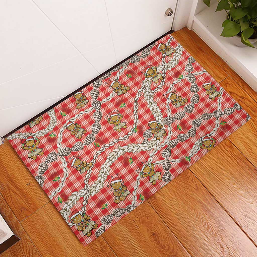 Red Palaka Hawaii Mele Kalikimaka Rubber Doormat Ohia Lehua Shell Leis Funny Gingerbread Santa - Polynesian Pride