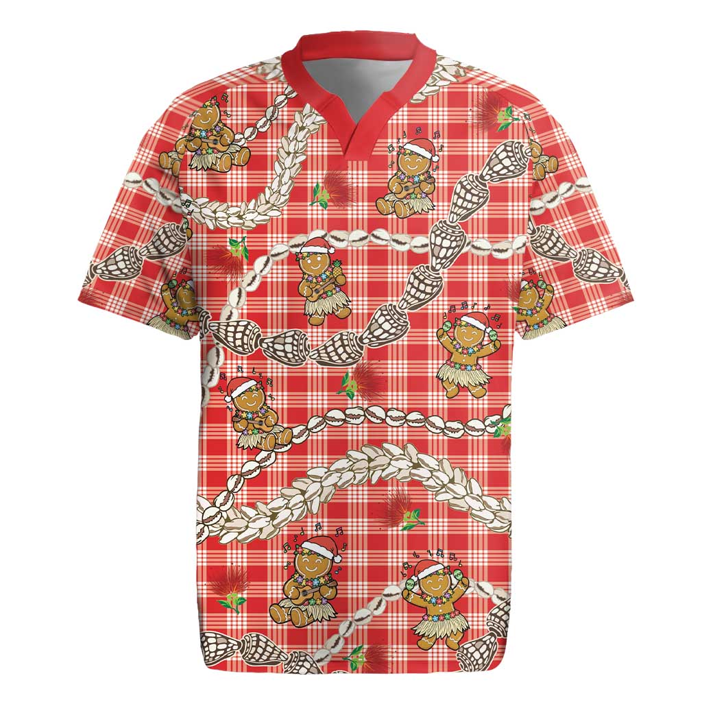 Red Palaka Hawaii Mele Kalikimaka Rugby Jersey Ohia Lehua Shell Leis Funny Gingerbread Santa - Polynesian Pride