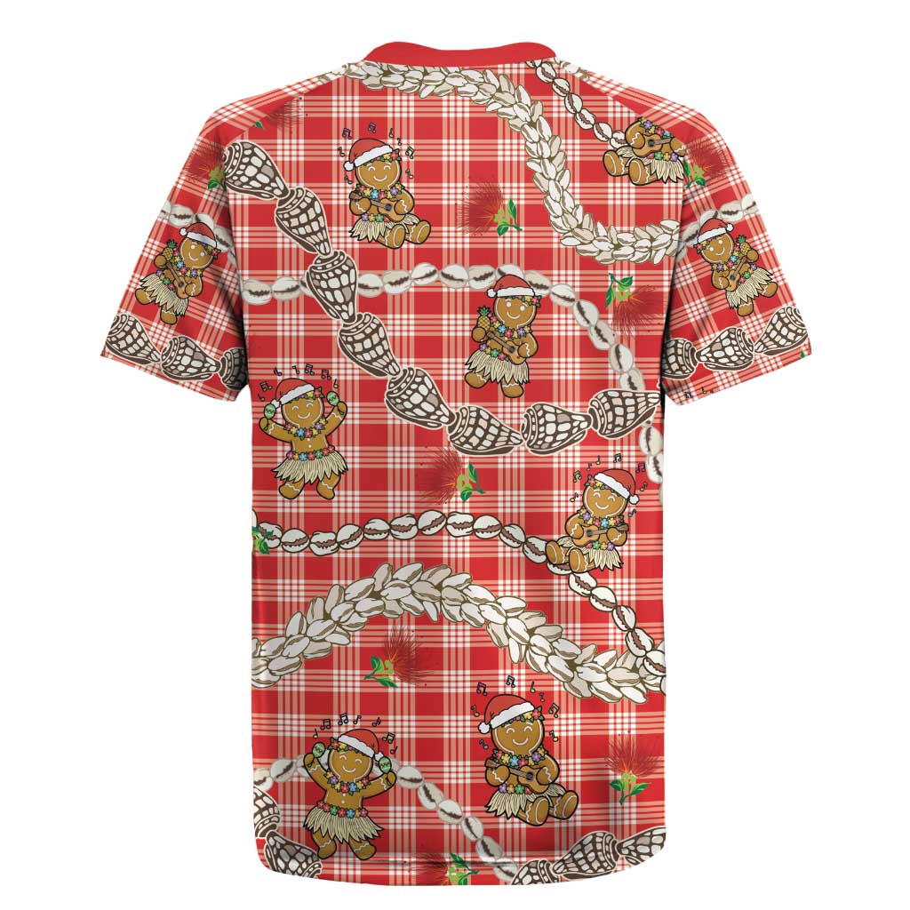 Red Palaka Hawaii Mele Kalikimaka Rugby Jersey Ohia Lehua Shell Leis Funny Gingerbread Santa - Polynesian Pride