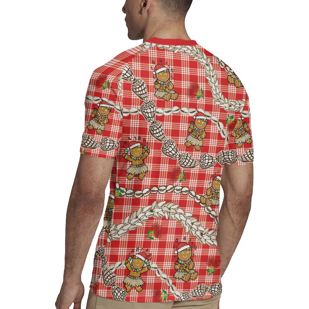 Red Palaka Hawaii Mele Kalikimaka Rugby Jersey Ohia Lehua Shell Leis Funny Gingerbread Santa - Polynesian Pride