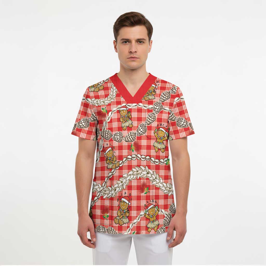 Red Palaka Hawaii Mele Kalikimaka Scrub Top Ohia Lehua Shell Leis Funny Gingerbread Santa - Polynesian Pride