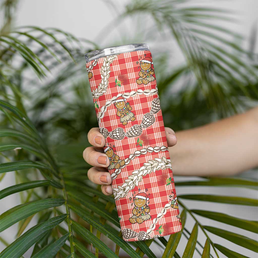 Red Palaka Hawaii Mele Kalikimaka Skinny Tumbler Ohia Lehua Shell Leis Funny Gingerbread Santa - Polynesian Pride