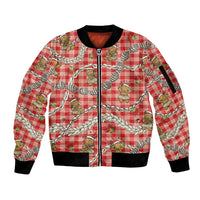 Red Palaka Hawaii Mele Kalikimaka Sleeve Zip Bomber Jacket Ohia Lehua Shell Leis Funny Gingerbread Santa - Polynesian Pride