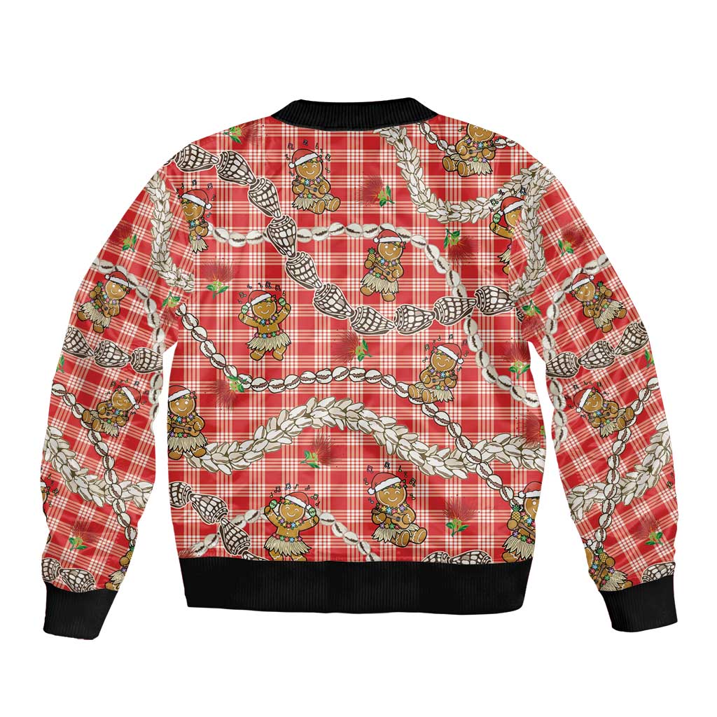 Red Palaka Hawaii Mele Kalikimaka Sleeve Zip Bomber Jacket Ohia Lehua Shell Leis Funny Gingerbread Santa - Polynesian Pride