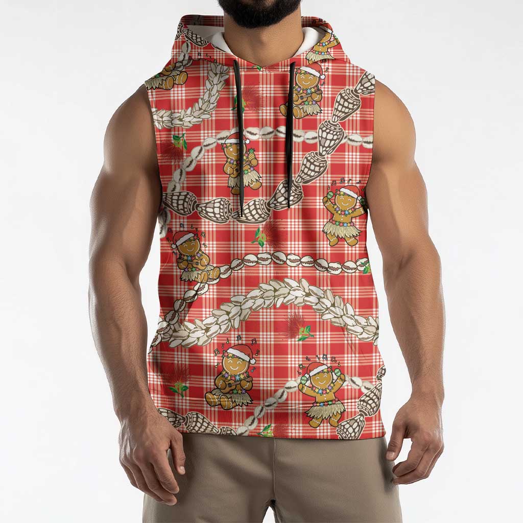 Red Palaka Hawaii Mele Kalikimaka Sleeveless Hoodie Ohia Lehua Shell Leis Funny Gingerbread Santa - Polynesian Pride