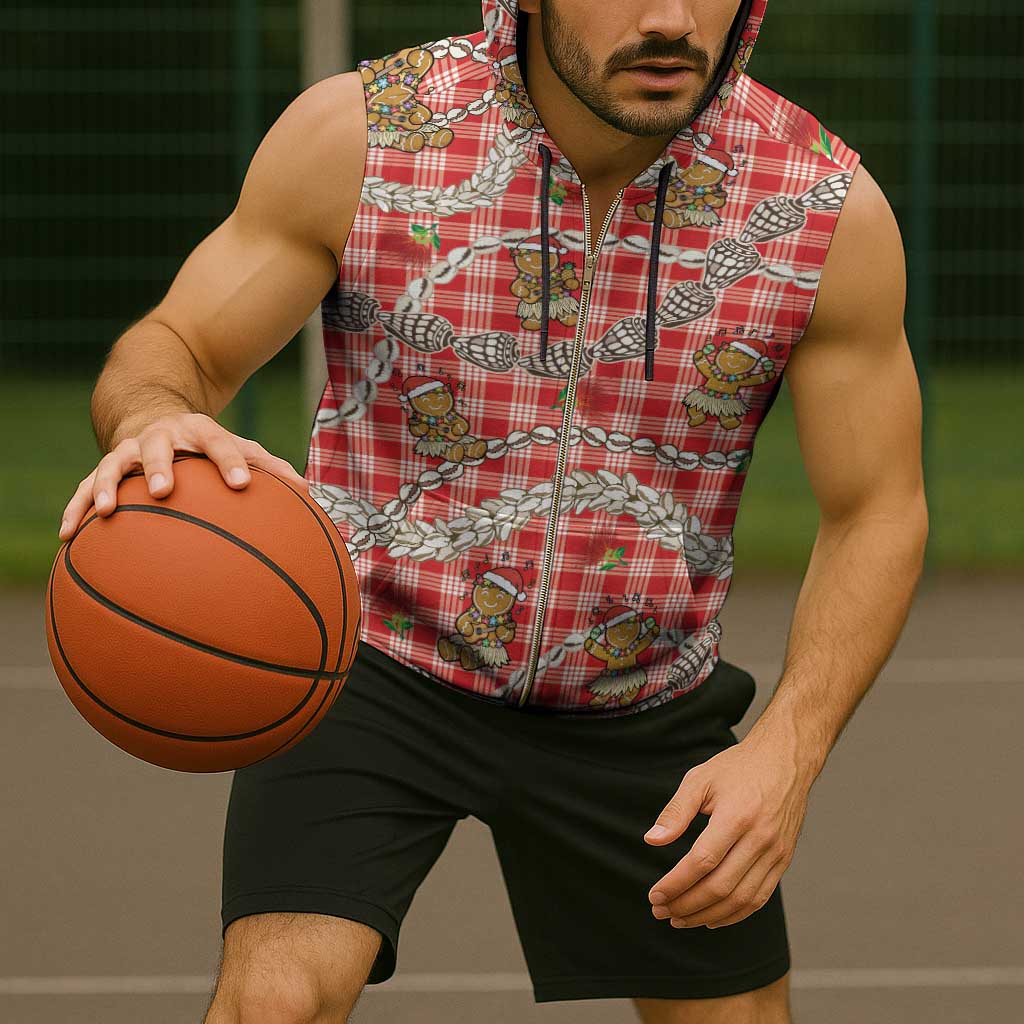 Red Palaka Hawaii Mele Kalikimaka Sleeveless Zip Hoodie Ohia Lehua Shell Leis Funny Gingerbread Santa - Polynesian Pride