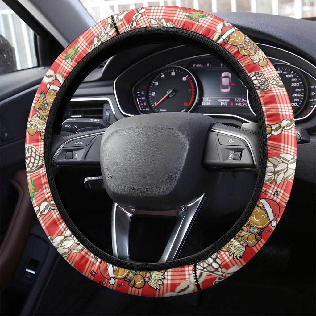 Red Palaka Hawaii Mele Kalikimaka Steering Wheel Cover Ohia Lehua Shell Leis Funny Gingerbread Santa - Polynesian Pride