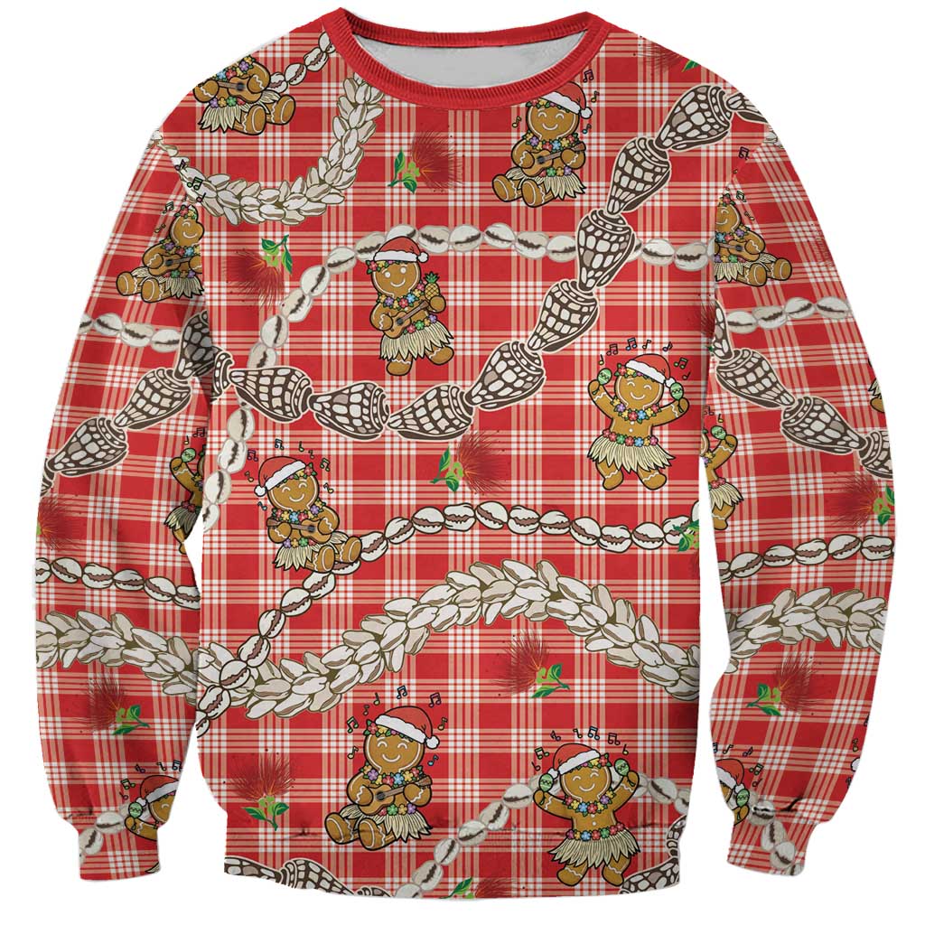 Red Palaka Hawaii Mele Kalikimaka Sweatshirt Ohia Lehua Shell Leis Funny Gingerbread Santa - Polynesian Pride
